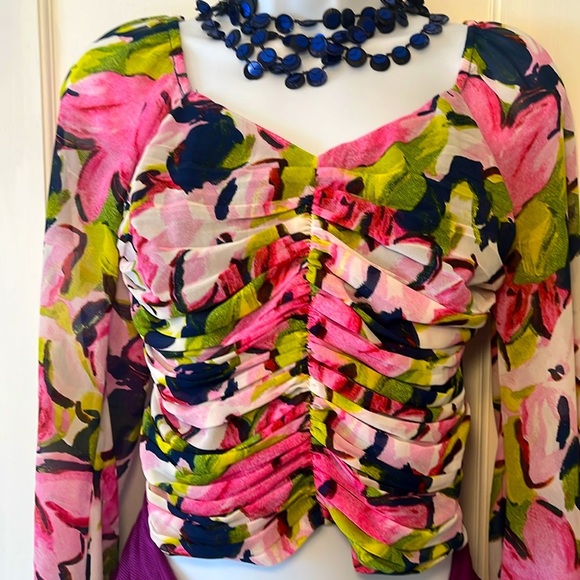 Abercrombie & Fitch Top Sweetheart Neckline Long Sleeves Pink Floral Small Crop - Picture 4 of 17